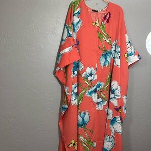Natori Orange Pink Maxi Dress Resort Wear Dolman Sleeve